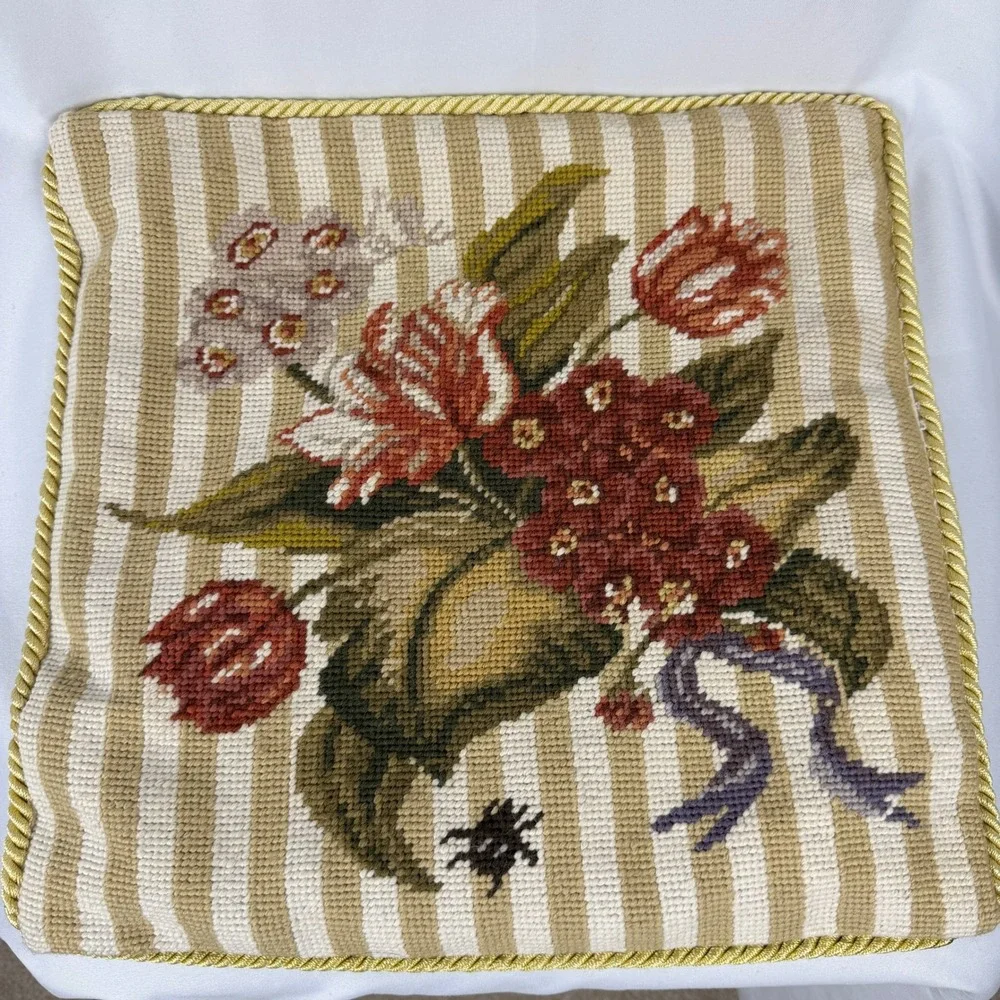 Needlepoint Pillow Cover Tan Floral Striped With Cream Velvet Backing 14